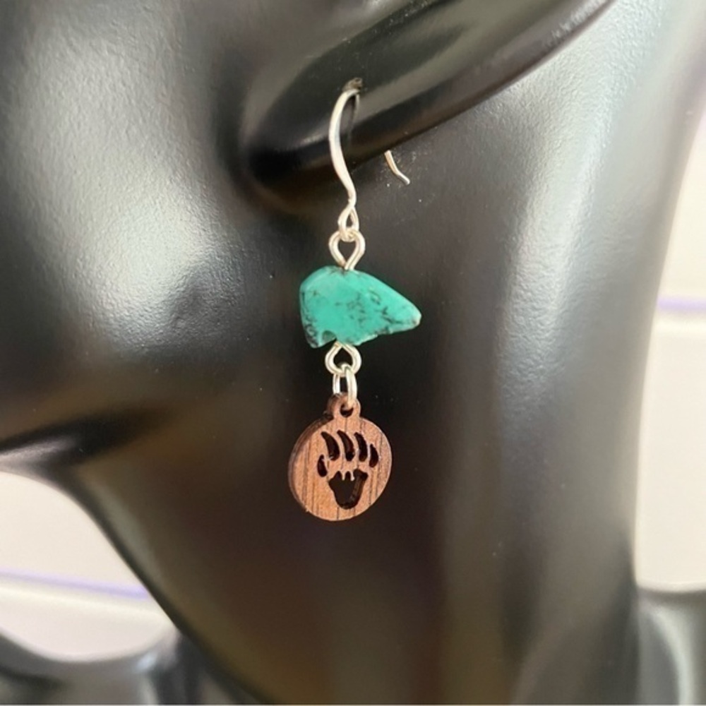 2/$29 Handmade Turquoise Bear & Wood Carved Claw Drop Earrings 1.5” Nature